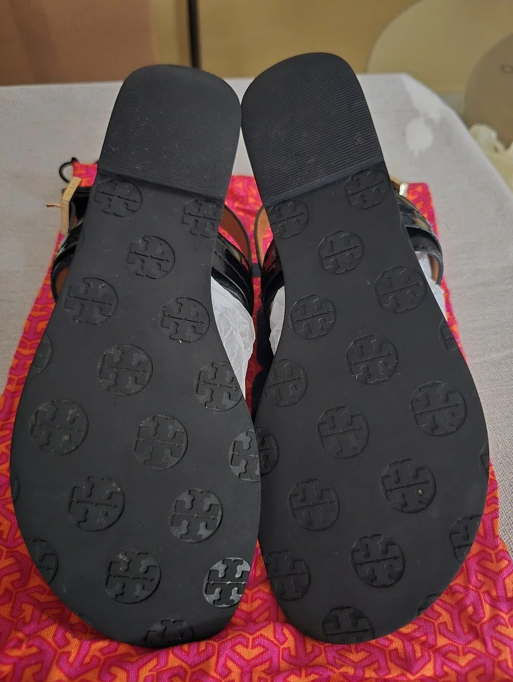 Tory Burch Black Patent Leather Thong Sandals with Gold Logo Medallions